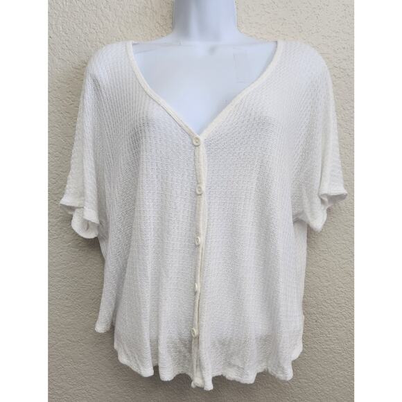 Live In The Moment Cream Waffle Knit Button Up Blouse Small Short Batwing Sleeve - Picture 1 of 5